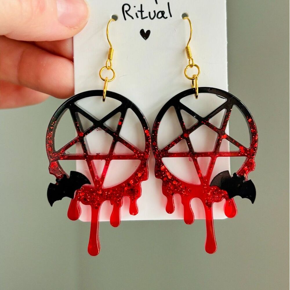 Pentagram Earrings Blood Red Dripping Gothic Jewelry, Vampire Halloween Earrings
